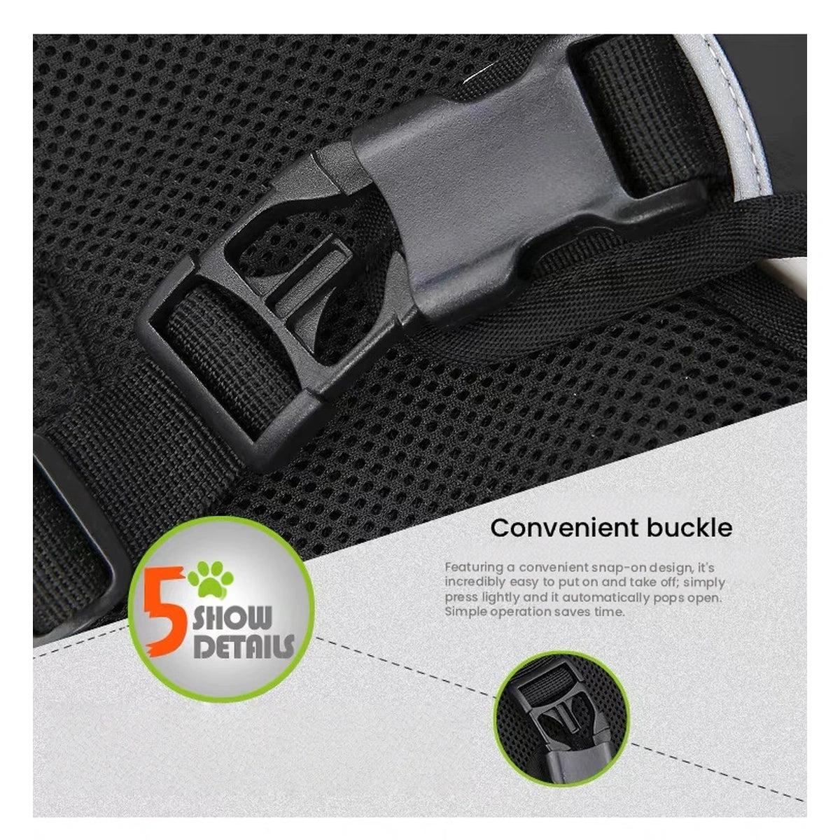 Backpack buckle and breathable mesh detail