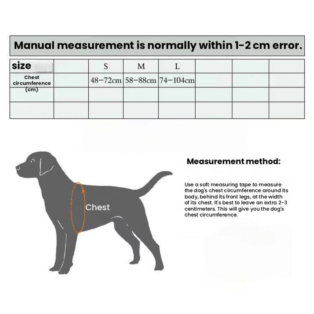 Truelove dog backpack size and chest-measurement chart