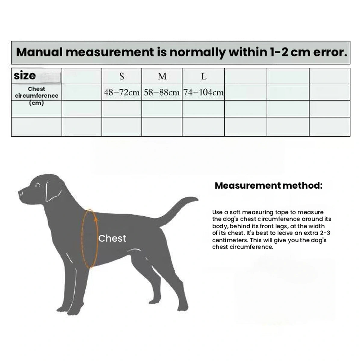 Truelove dog backpack size and chest-measurement chart