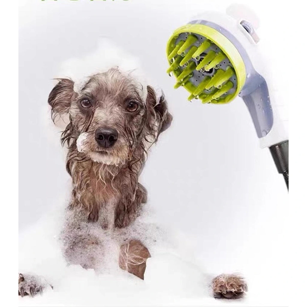 Dog in a bath beside the Hipidog silicone brush