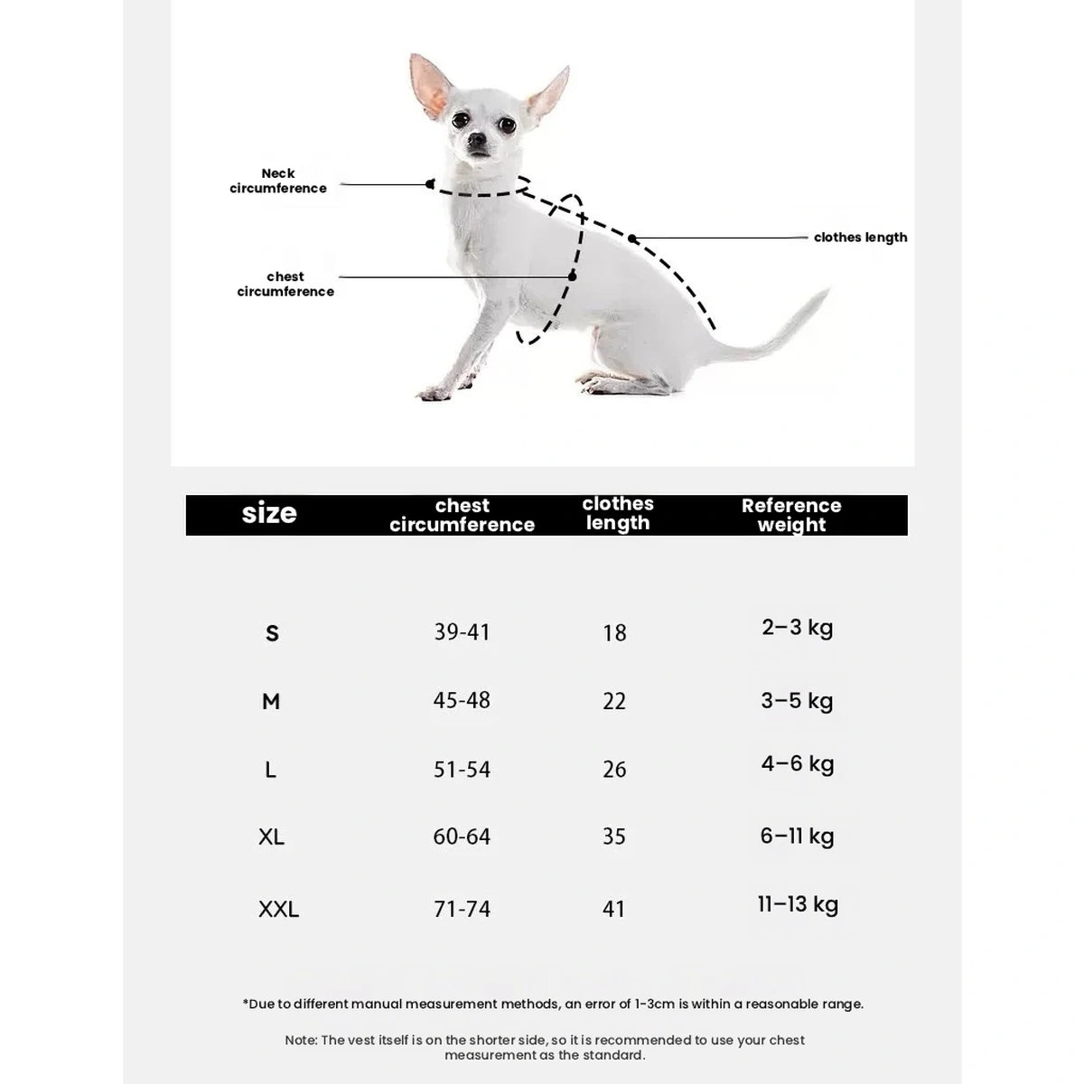 Dog vest harness size and measurement chart
