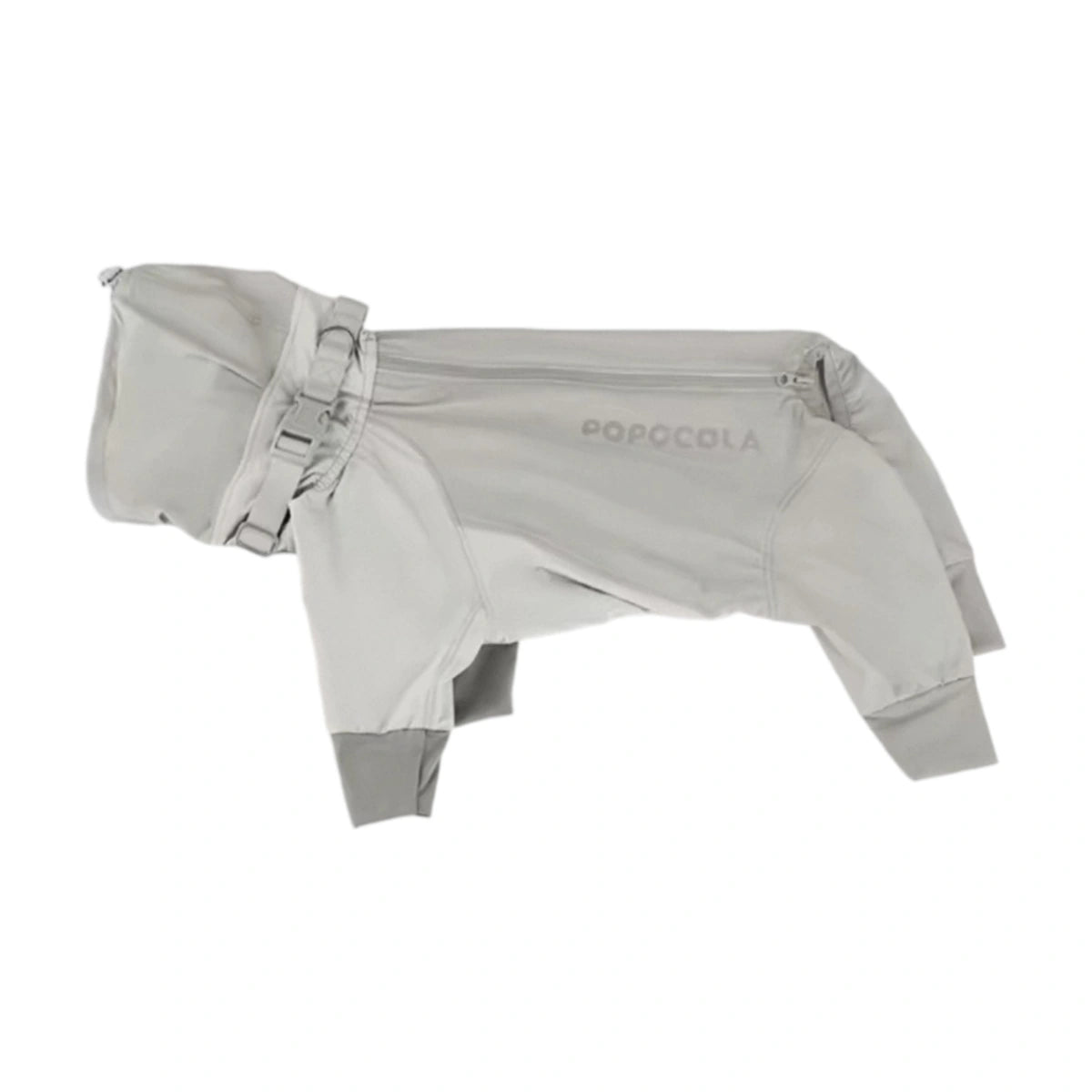 Grey four-leg dog raincoat shown flat