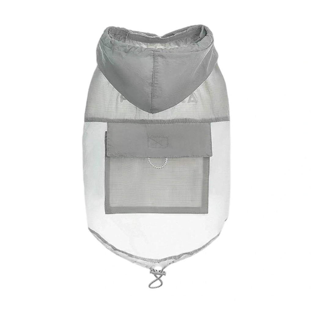 Grey hooded dog cooling vest shown flat