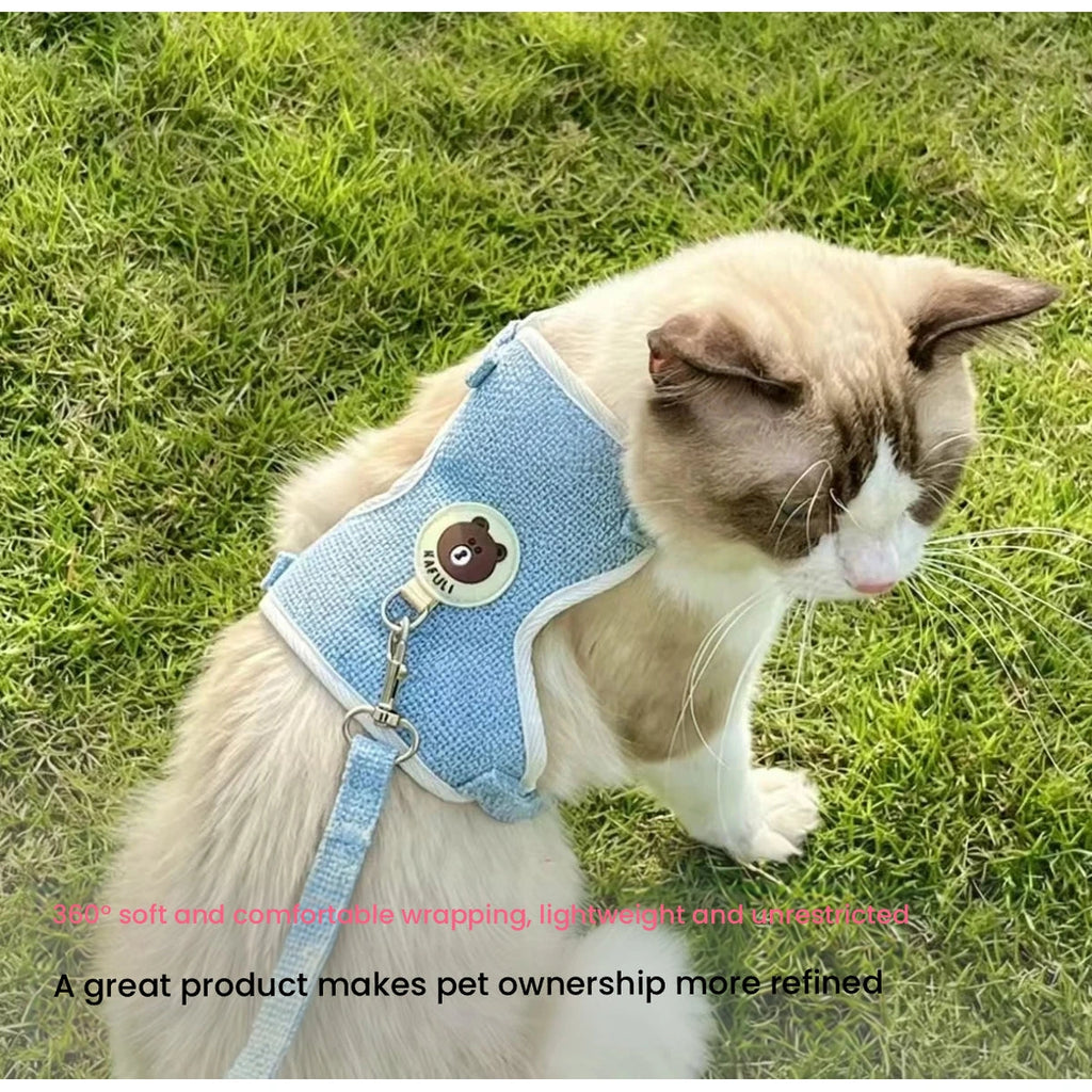 잔디에 파란색 조끼 하네스를 입고 고양이
