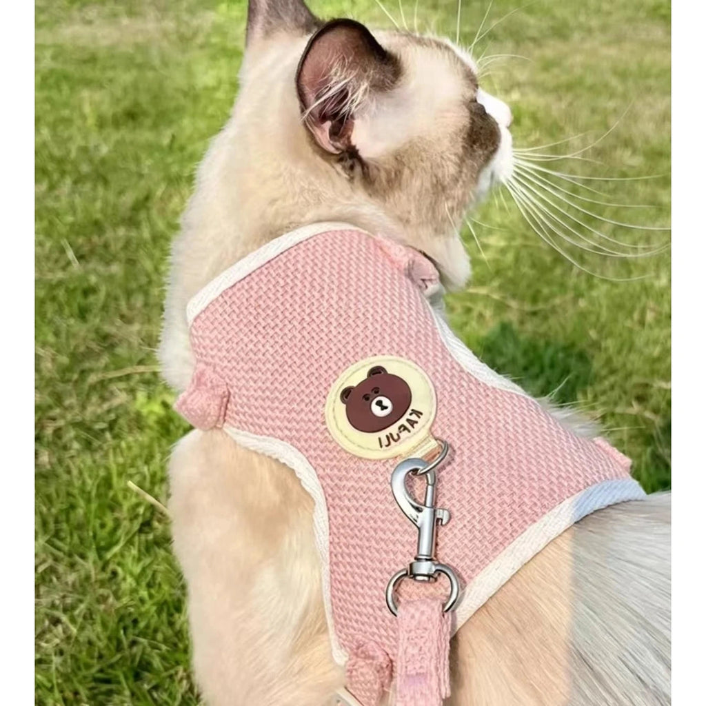 잔디에 분홍색 조끼 하네스를 입고 고양이