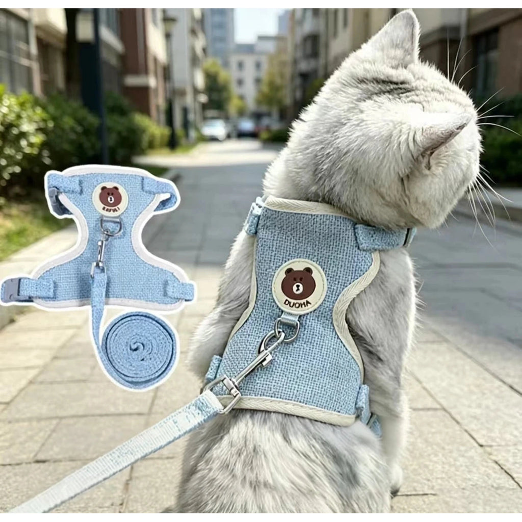 야외에서 파란색 조끼 하네스를 입고 있는 고양이