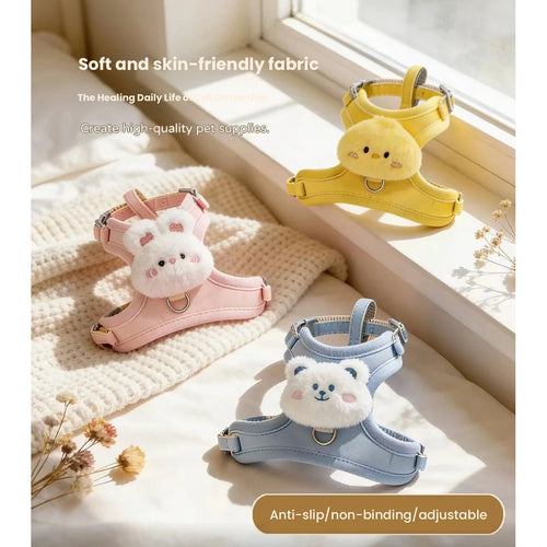 ブルー、ピンク、イエローの猫用ハーネスのカラーオプション