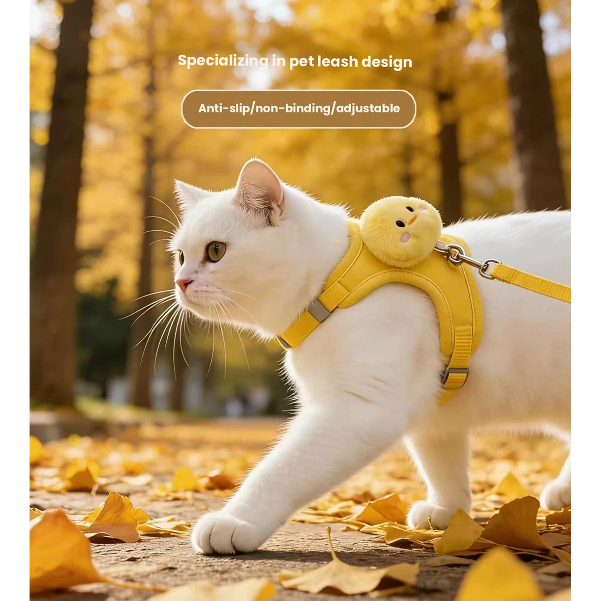 Cat wearing yellow harness outdoors