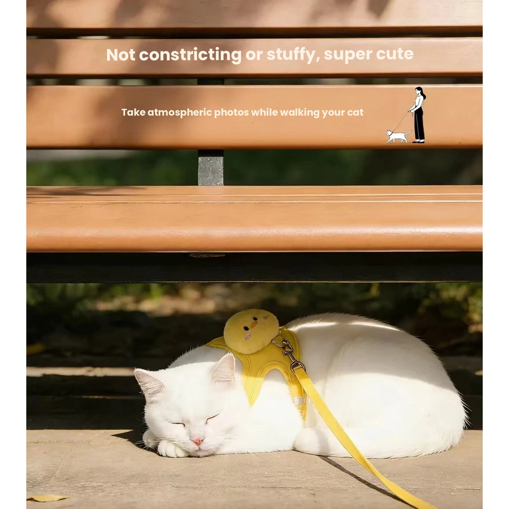 Cat in yellow harness resting under a bench