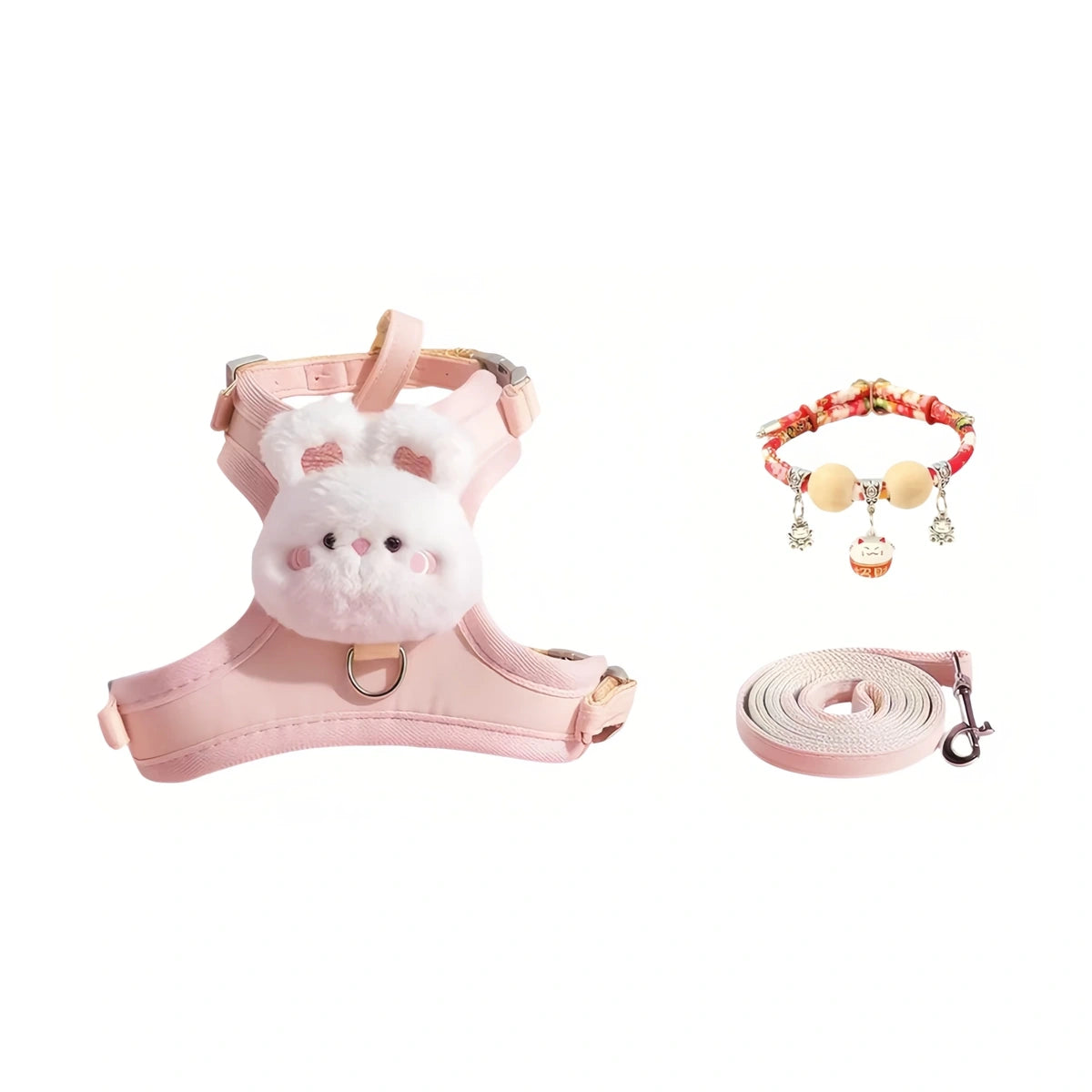 Pink animal-motif cat harness and lead