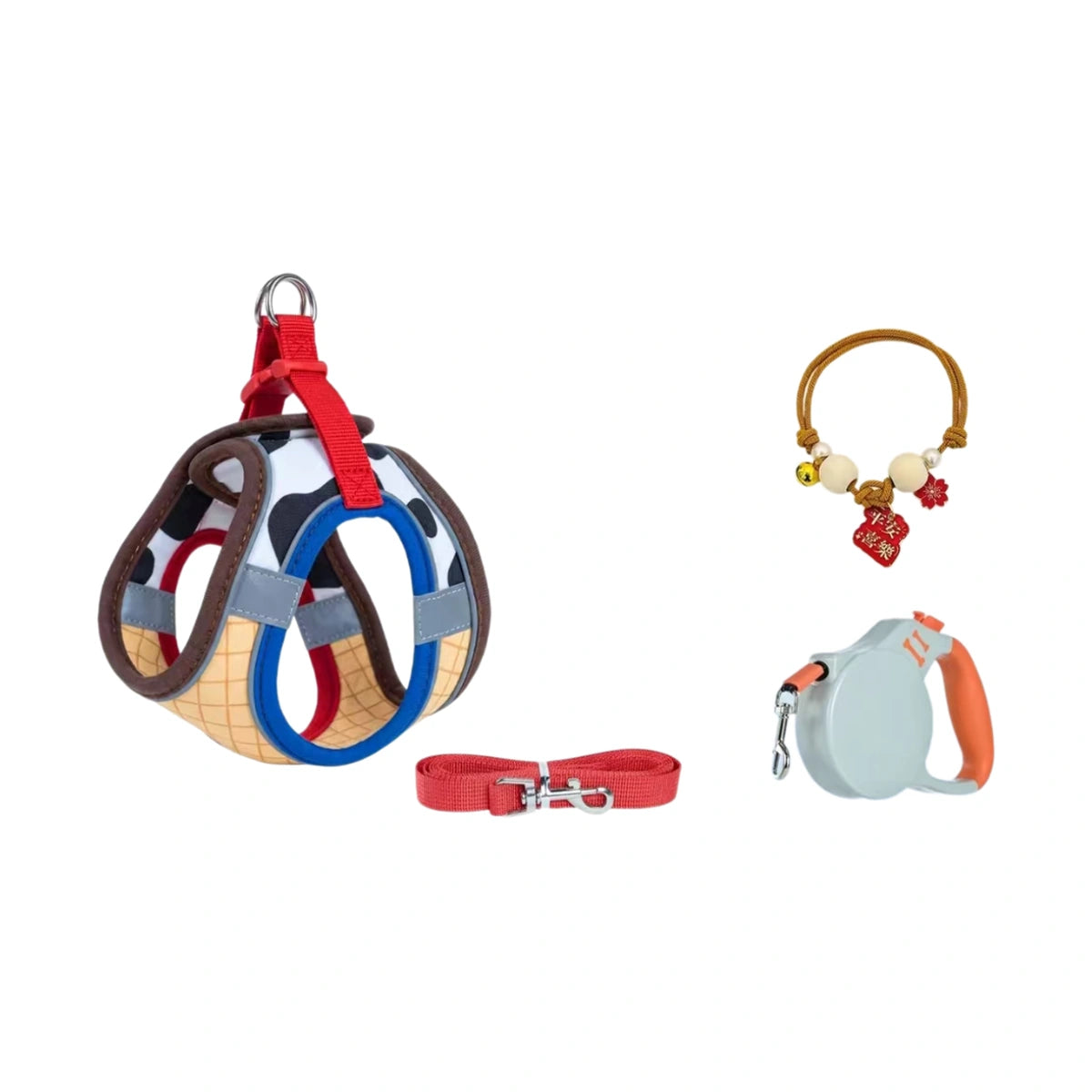 Red and blue cat strap harness with leash