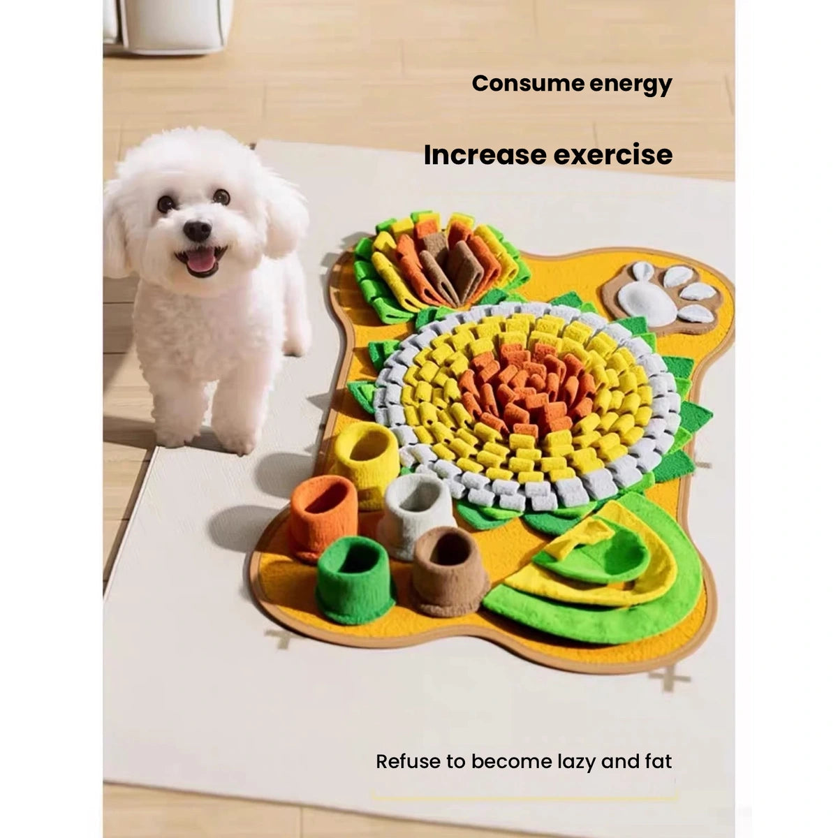カラフルなスナッフルマットの横にいる犬