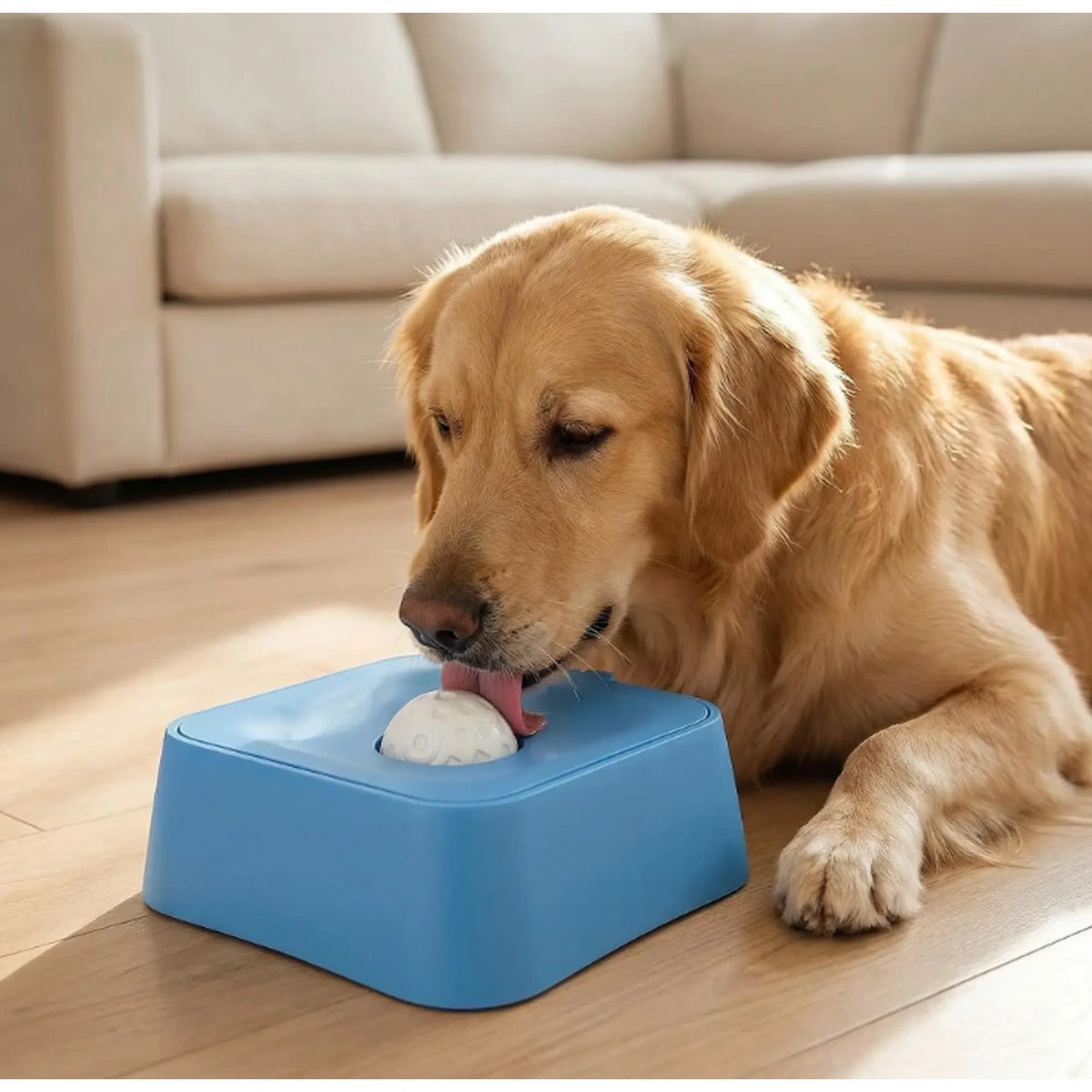 青いスローフィーダーボウルから食べ物をなめる犬