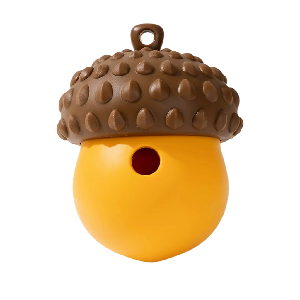 Brown and yellow acorn-shaped dog treat ball