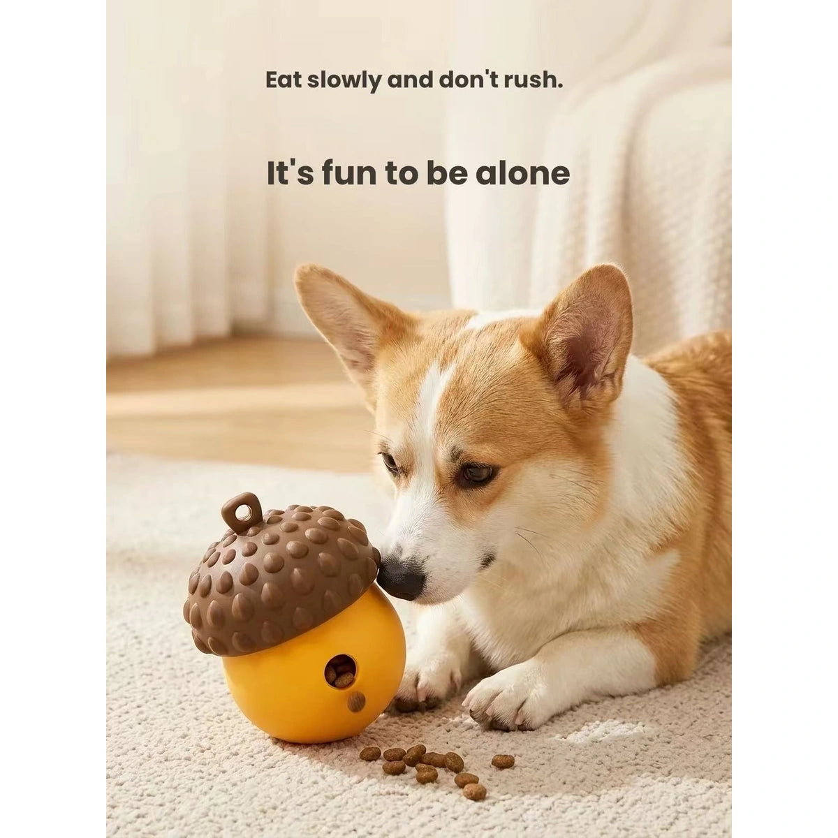 Dog playing with acorn-shaped treat ball