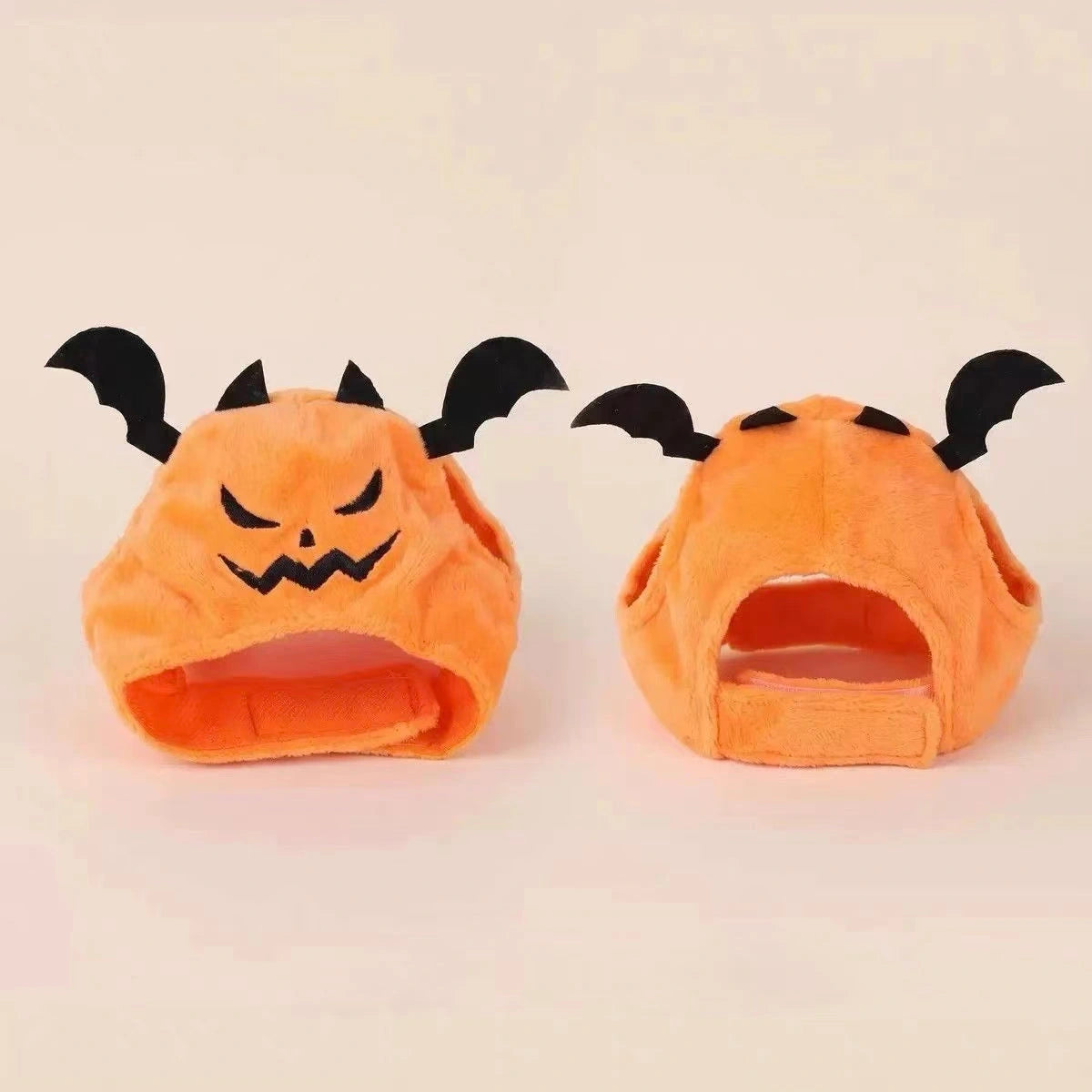 Orange pumpkin and bat pet hat shown front and back