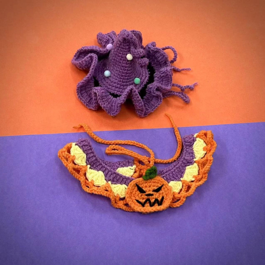 Purple crochet pet collar with pumpkin motif