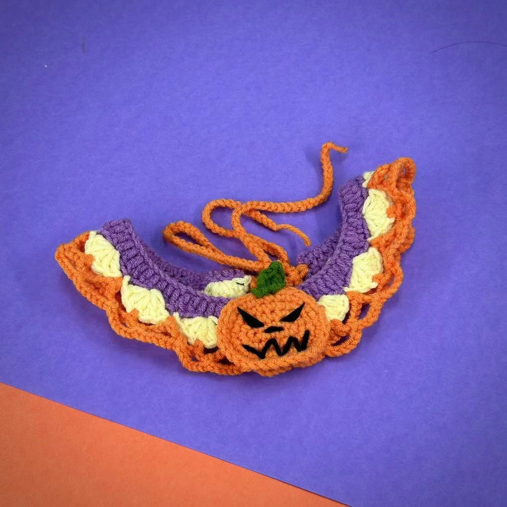 Orange and purple pumpkin crochet collar on violet background