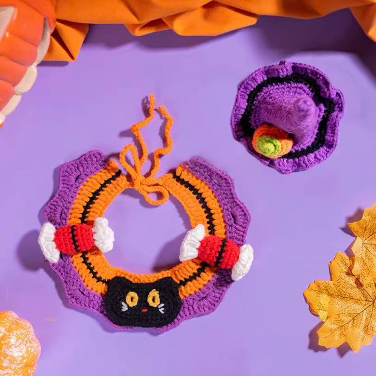 Orange and purple crochet collar with Halloween detail