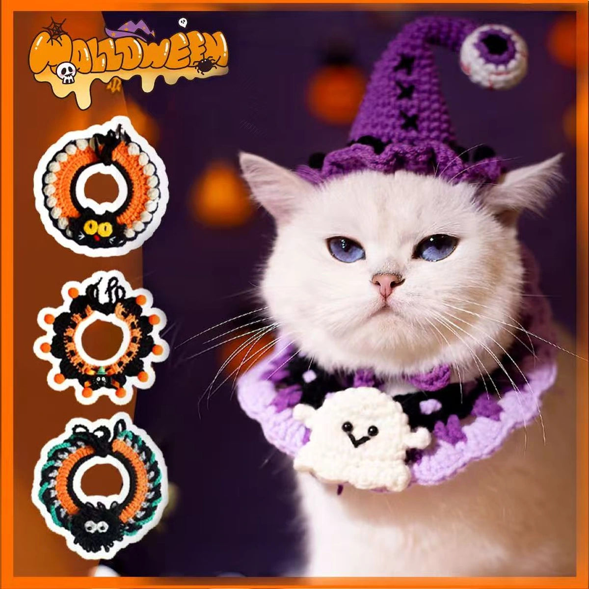 White cat in purple witch hat and crochet collar