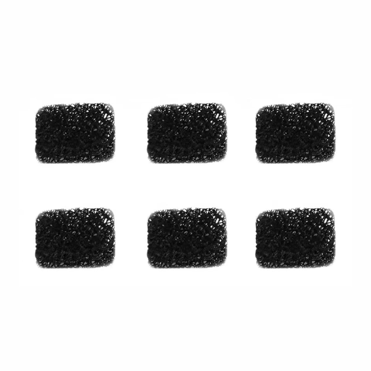 Six black fountain filter pads laid out in two rows