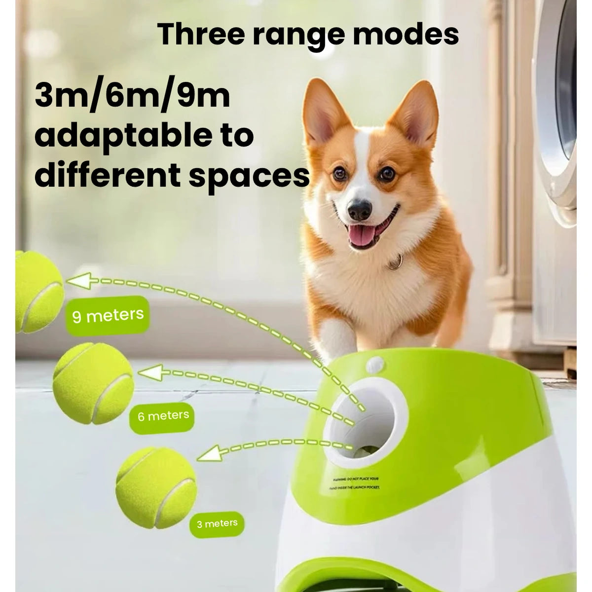 3 つのボール発射範囲を示す Hipidog ランチャーの図
