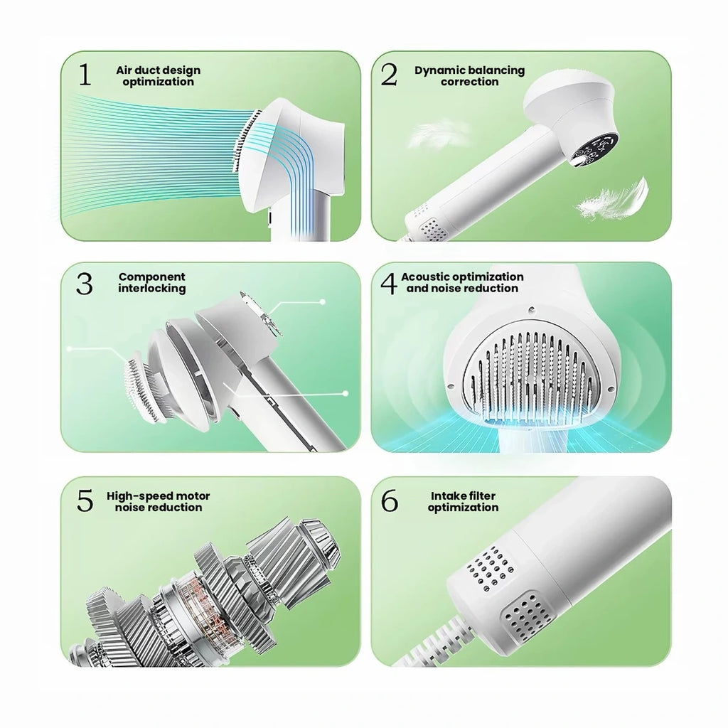 Six views showing removable brush and dryer parts