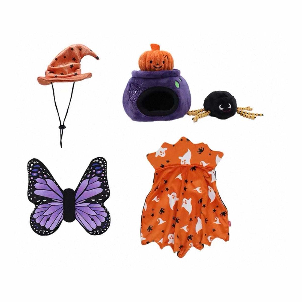 Halloween pet assortment with witch hat, butterfly wings, orange cloak and plush toy