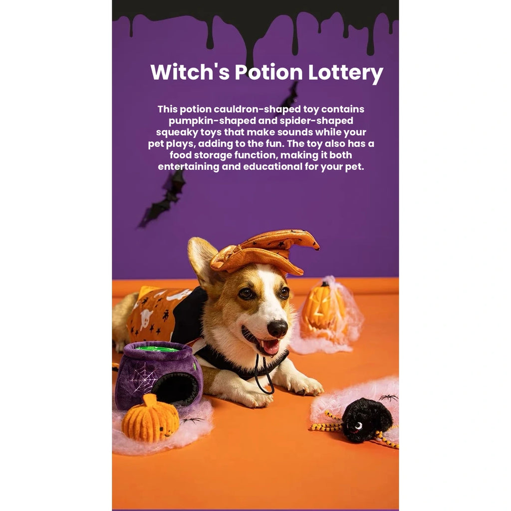 Dog beside purple witch-themed pet play prop