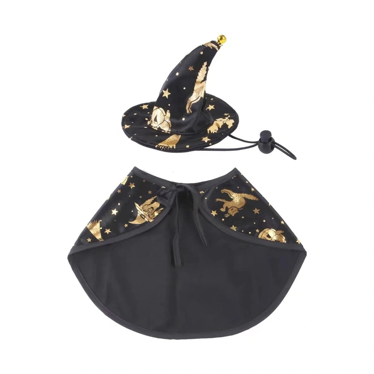 Black witch hat and cape costume pieces laid flat