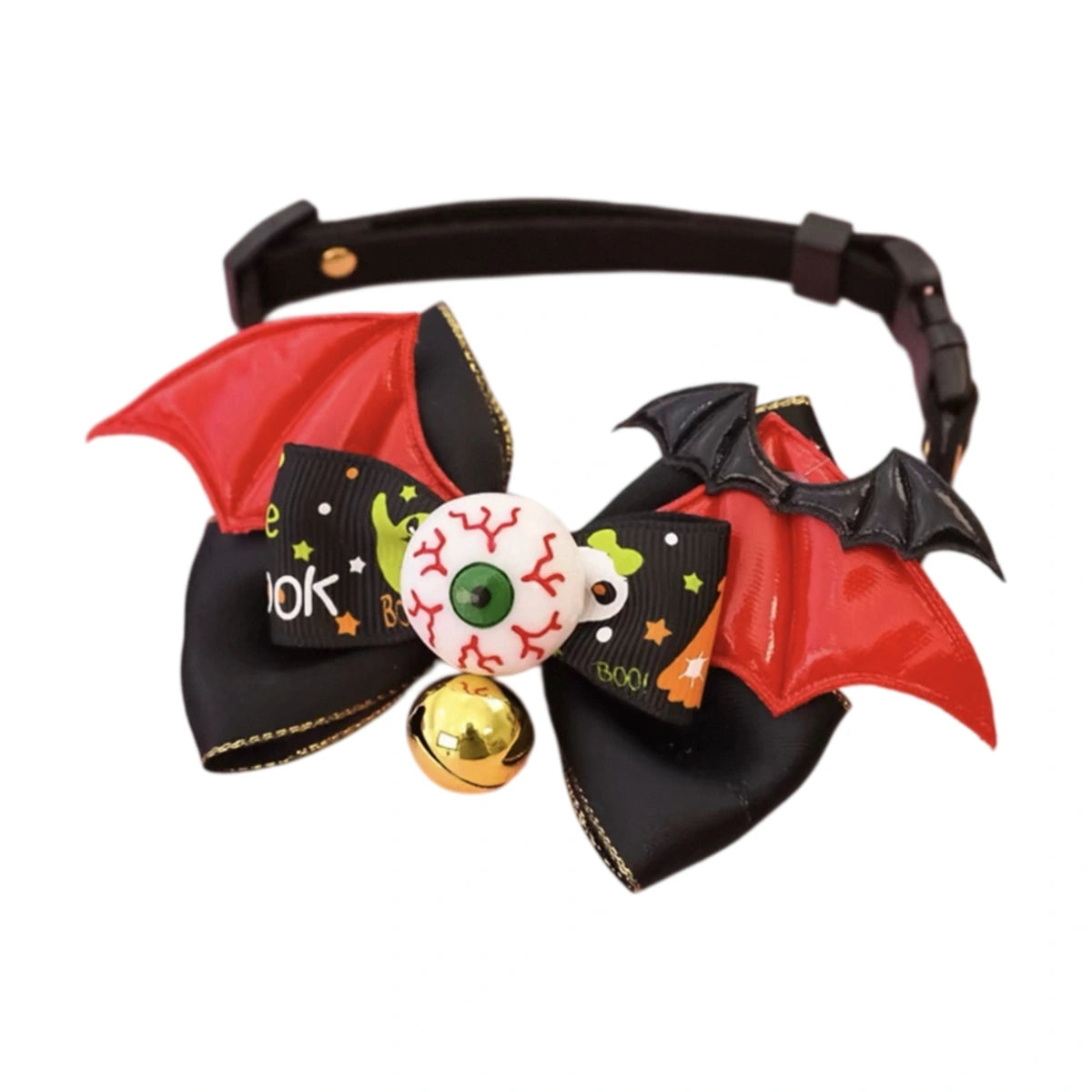 コウモリの羽が付いた黒と赤のハロウィーンの弓首輪