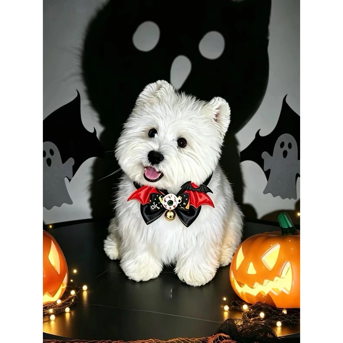 ハロウィーンのリボン首輪を着けた小さな白い犬