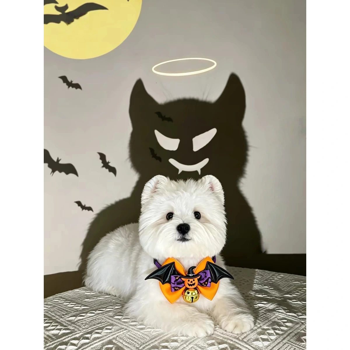 コウモリの翼のリボン首輪をつけた白い犬