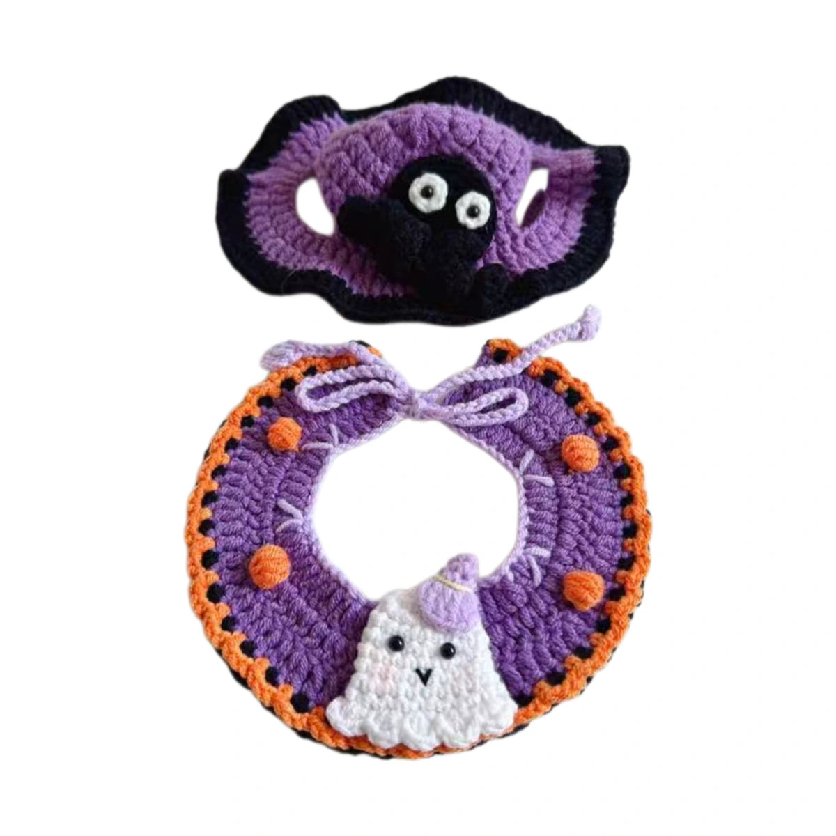 Two purple and orange handmade pet scarf collars