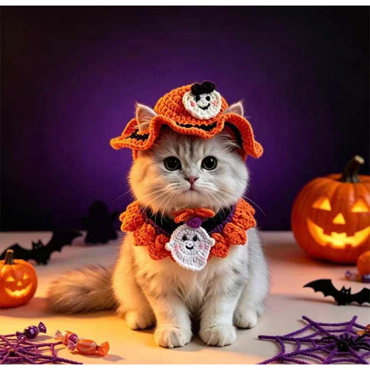 Cat wearing orange Halloween scarf collar