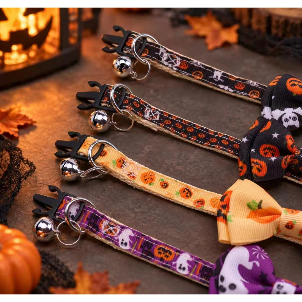 Halloween collar designs close-up on wooden display
