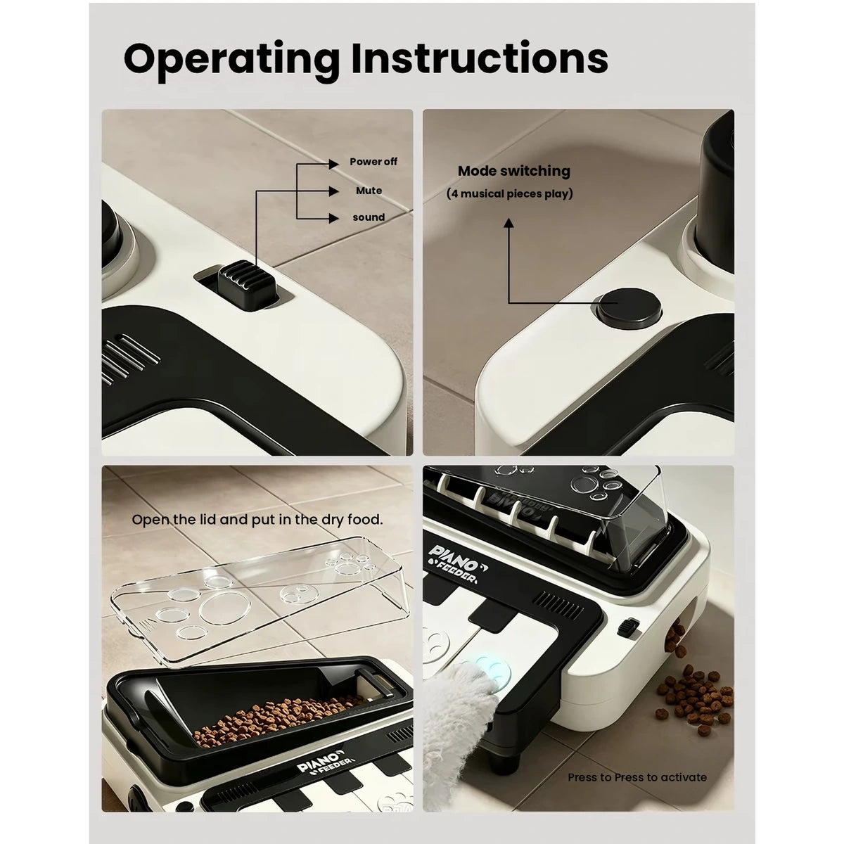 Operating instructions for piano-style treat toy