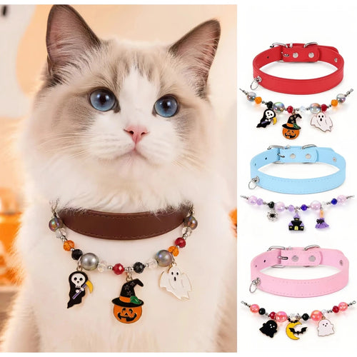 Cat wearing beaded Halloween collar and accessory options