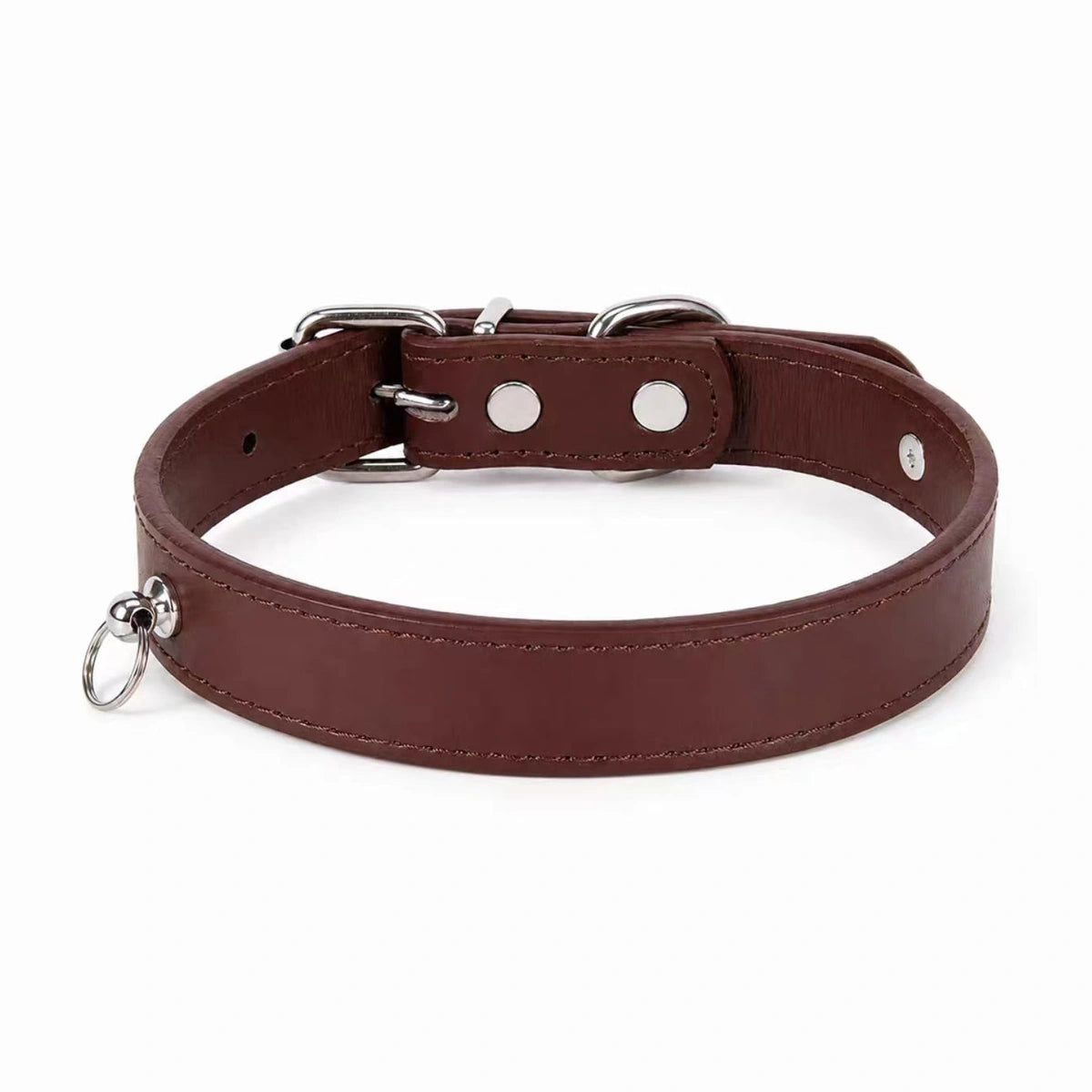 Brown adjustable pet collar laid flat
