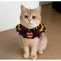 Cat wearing Halloween bandana collar indoors