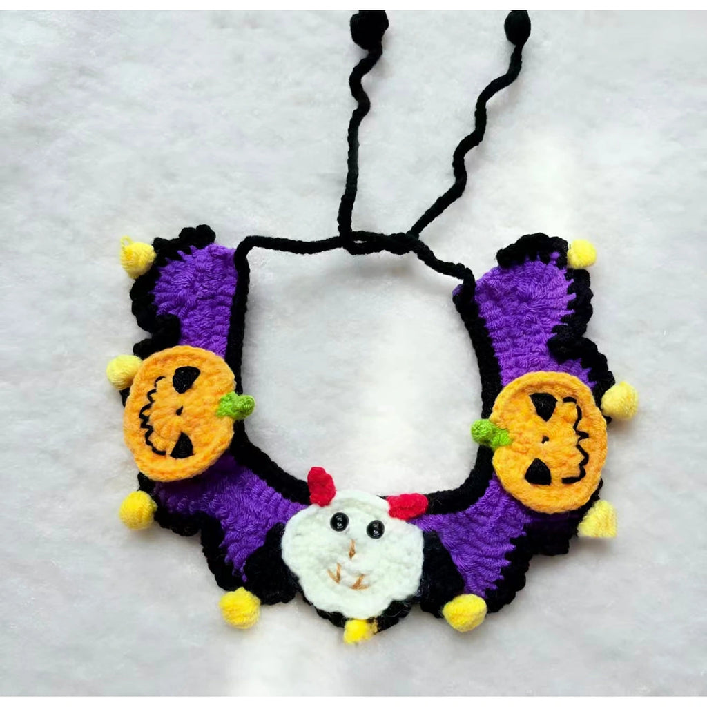 Pumpkin and ghost knit pet collar laid flat