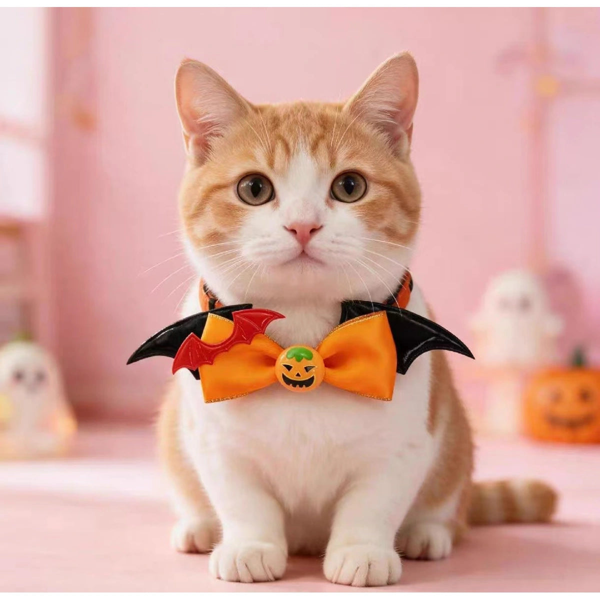 Cat wearing orange bow tie with bat wings