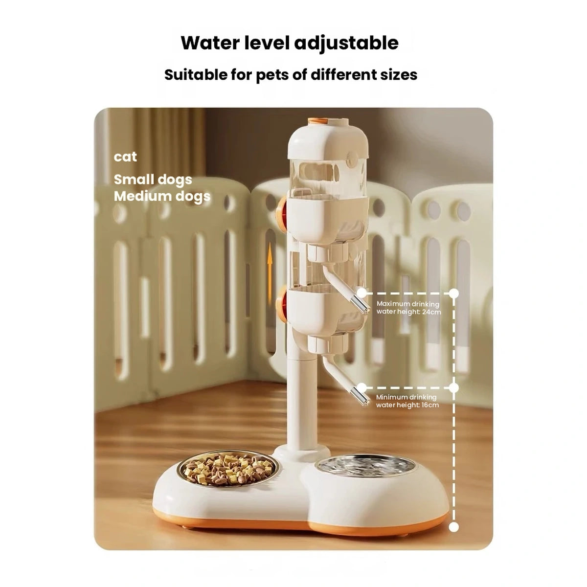 Hipidog feeding station panel showing adjustable water level