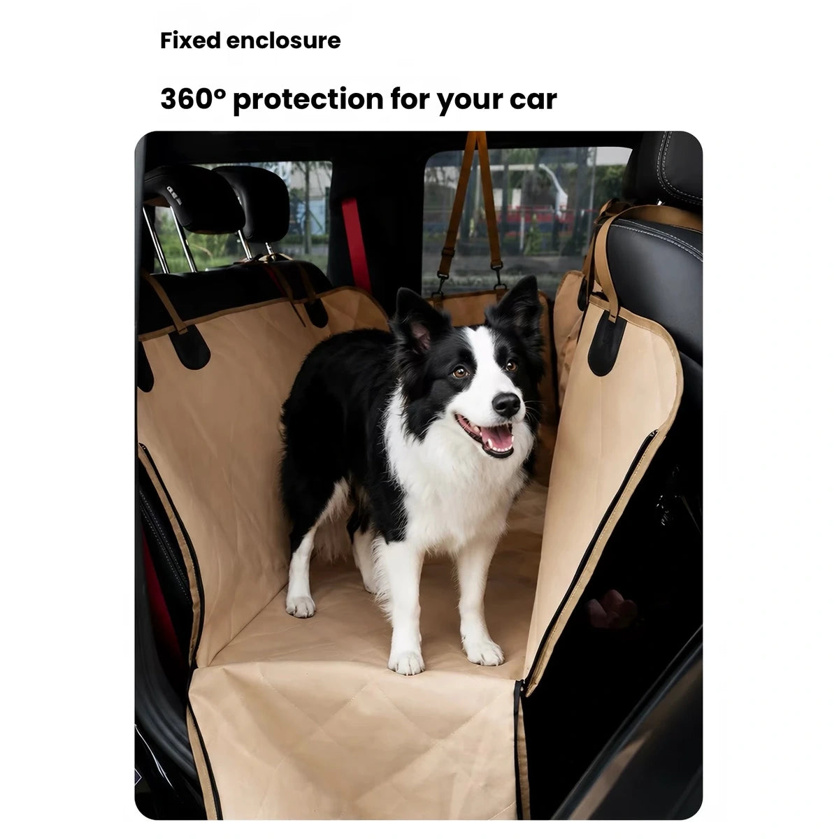 Touchdog 犬用後部座席カバー｜中央メッシュ窓付き 写真2：背面・犬・車の後部座席カバー