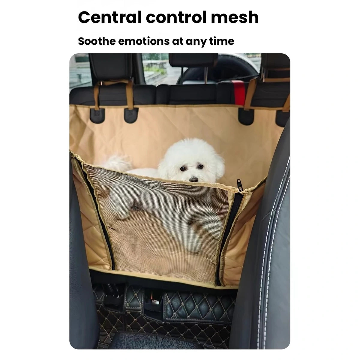 Touchdog 犬用後部座席カバー｜中央メッシュ窓付き 写真4：前面・メッシュ・車の後部座席カバー・窓