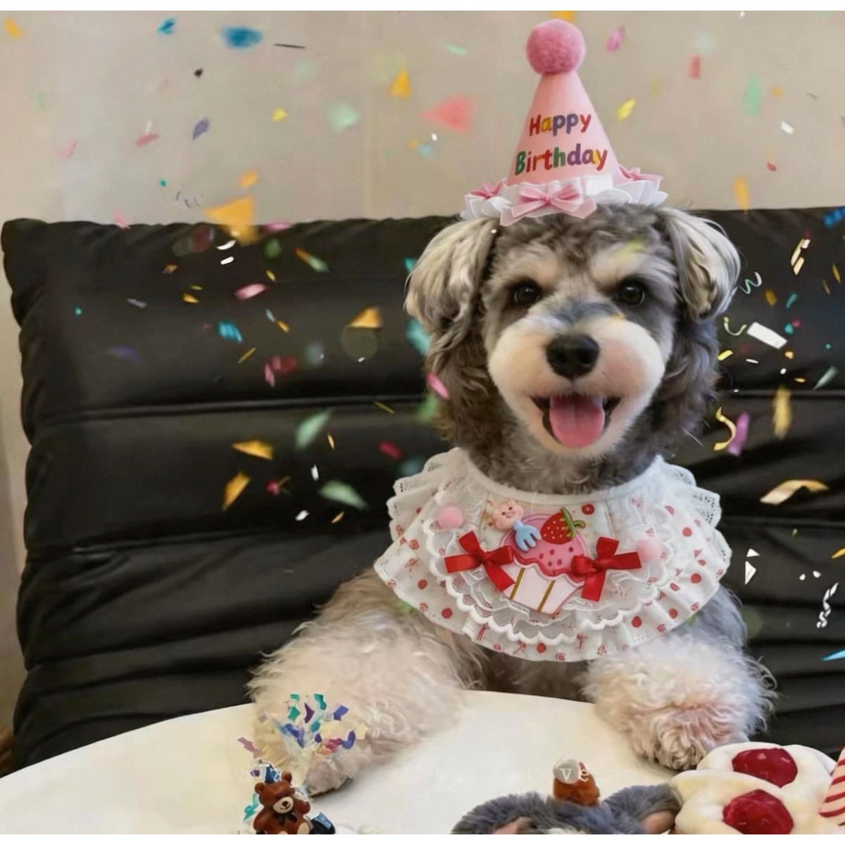 Dog wearing pink birthday hat and matching birthday bandana