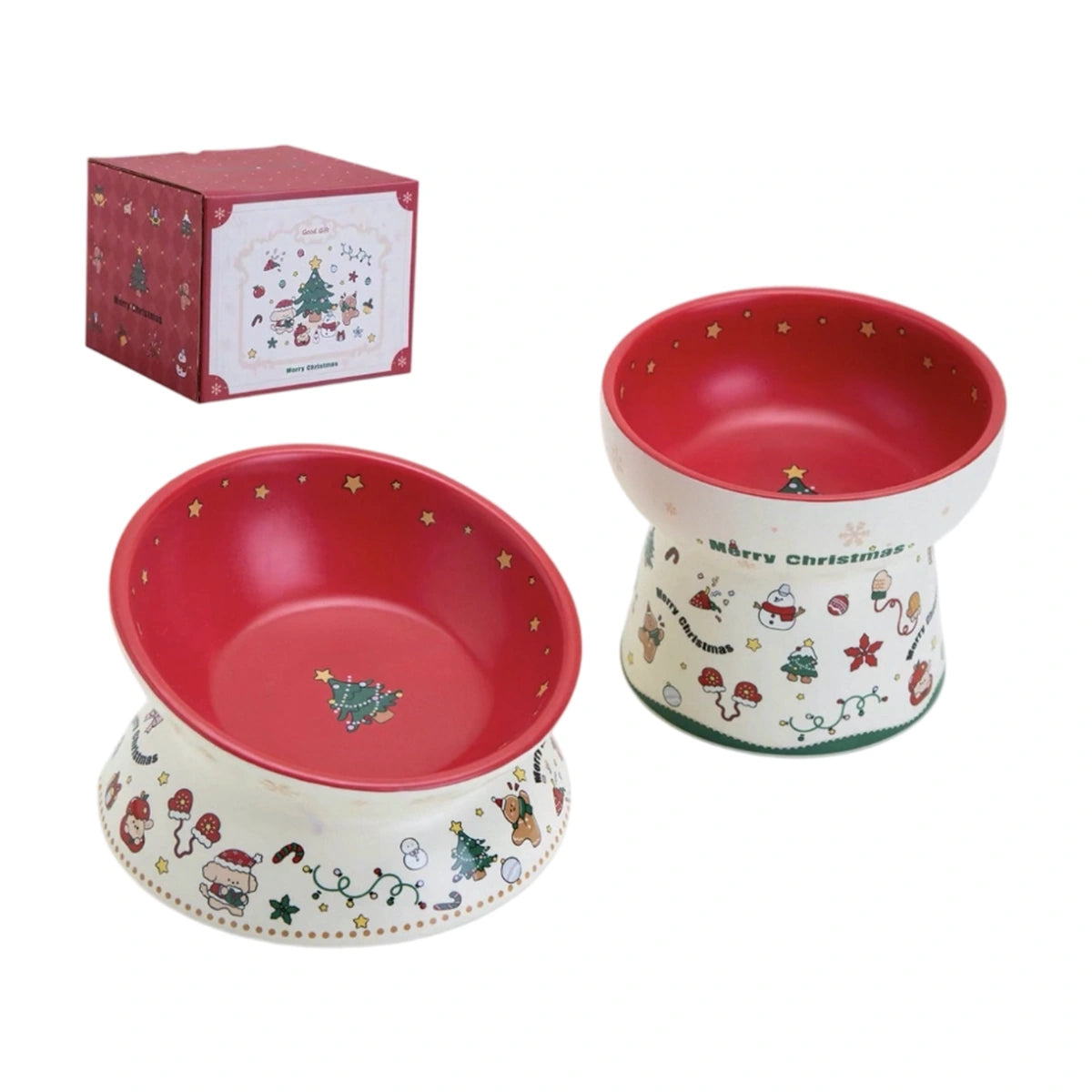 Red Petdebby Christmas bowls with cylindrical bowl and gift box