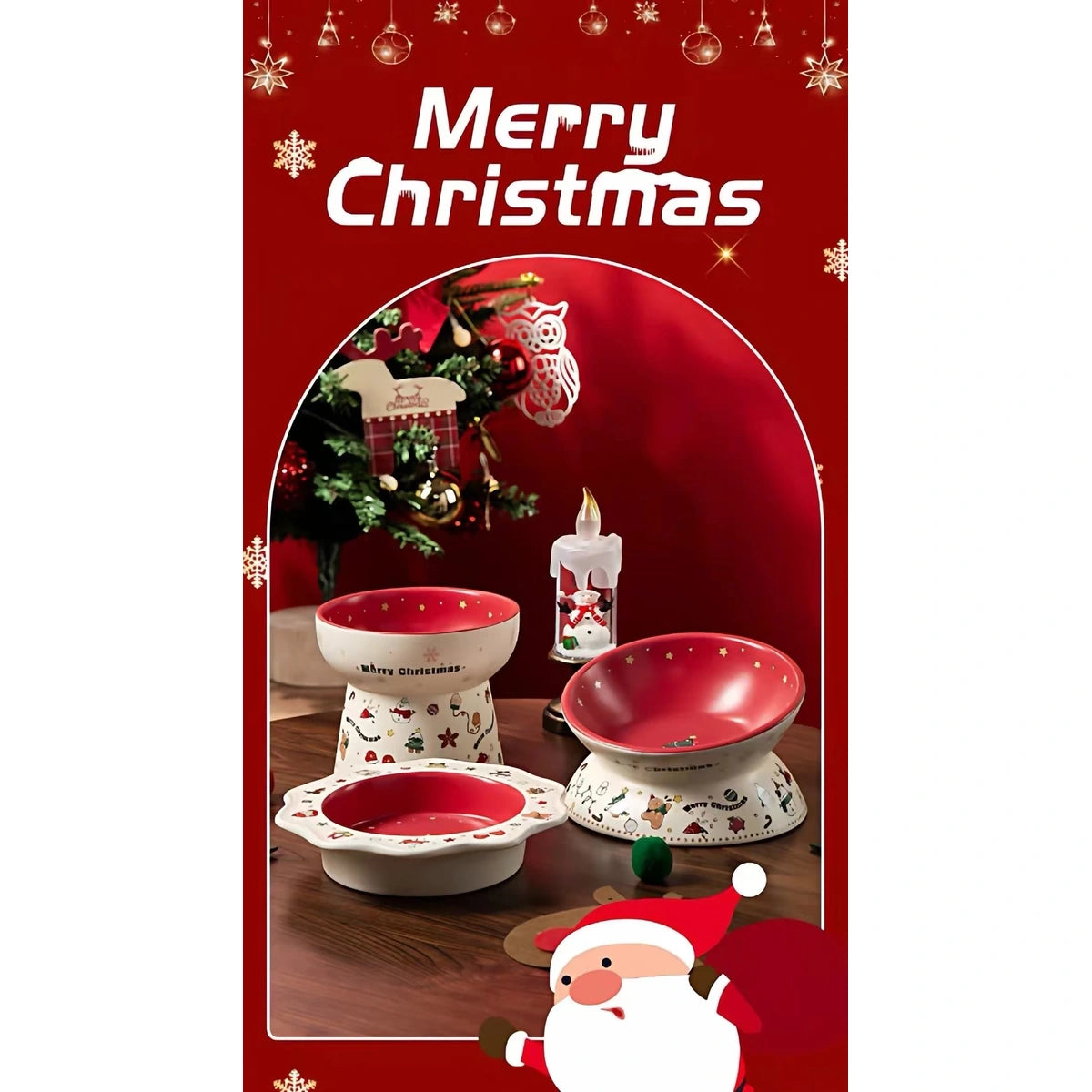 Petdebby Christmas bowl promotional panel with red table setting