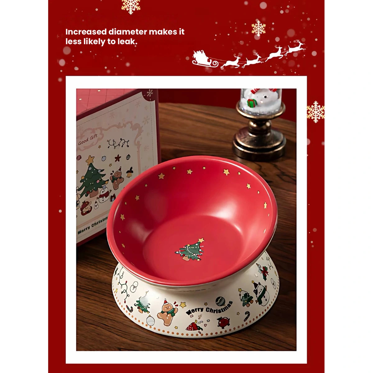 Red Petdebby Christmas bowl close-up in a festive product panel