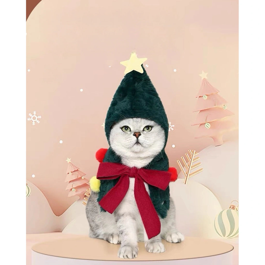 Cat wearing the green UFBemo Christmas-tree cape